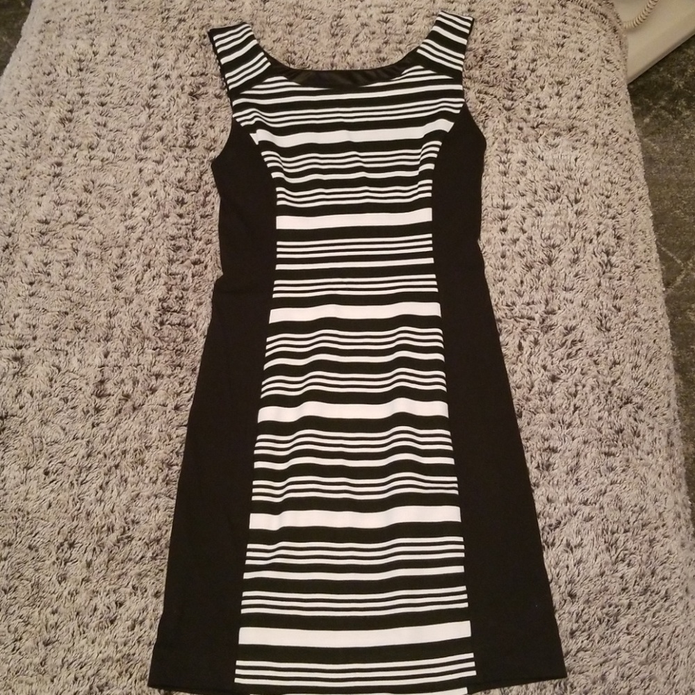 Express black and white stripe above knee dress
